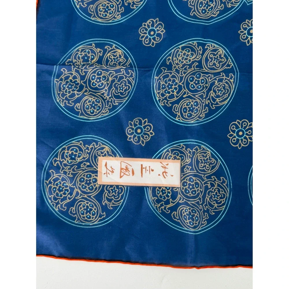 Vintage Silk Scarf Women OS Blue Chinese Garden Pagoda Hand Rolled Chinoiserie